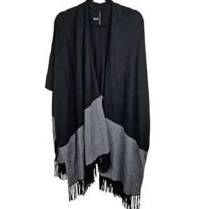 White House Black Market XS/S Black‎ Gray Fringed Poncho Cape Sweater